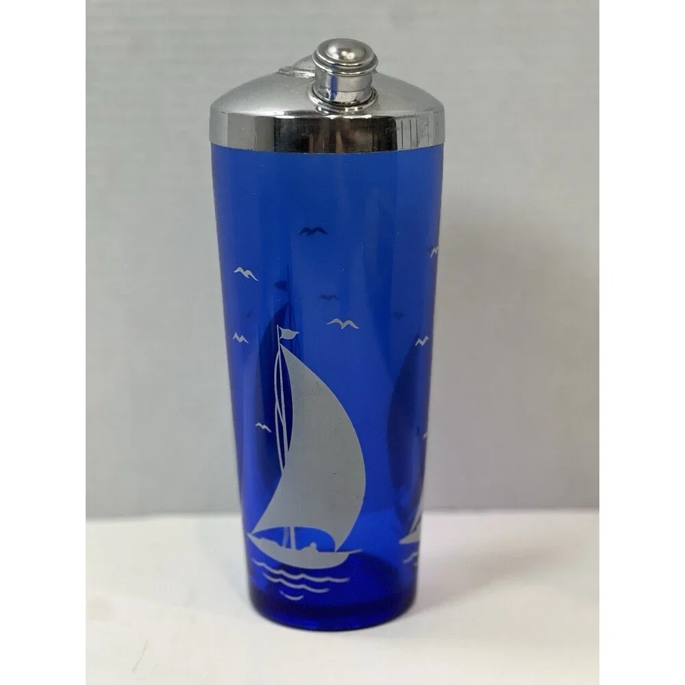 Vintage Hazel Atlas Cobalt Blue Cocktail Shaker glasses ice bucket Sailboat